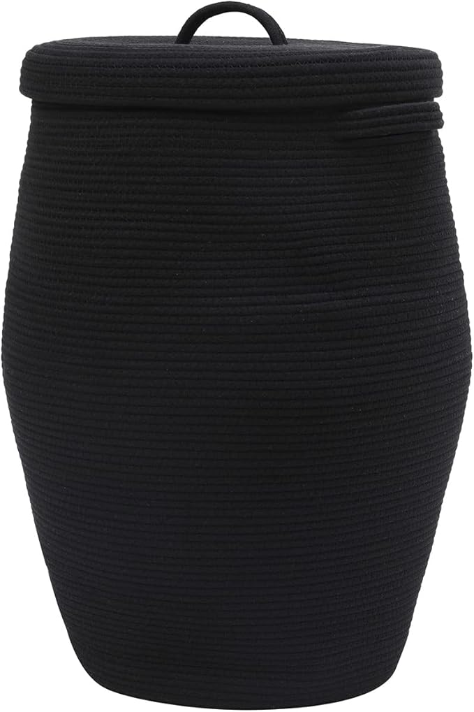 26"x20" Handcrafted Tall Cotton Rope Basket with Lid, Stylish Flagon Shape with Cover, Clothes Hamper with Top, for Bedroom and Living Room, All Black