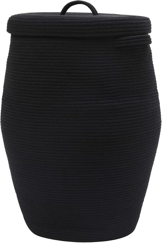 26"x20" Handcrafted Tall Cotton Rope Basket with Lid, Stylish Flagon Shape with Cover, Clothes Hamper with Top, for Bedroom and Living Room, All Black