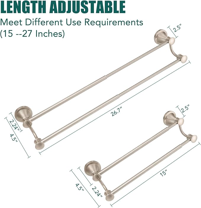 Hoimpro Adjustable Retractable 15-27 Inches Stainless Steel Bathroom Towel Bar, Bathroom Accessories Bath Hotel Double Towel Bar Rod Hanger Wall Mounted Towel Holder Towel Rack, Brushed Nickel