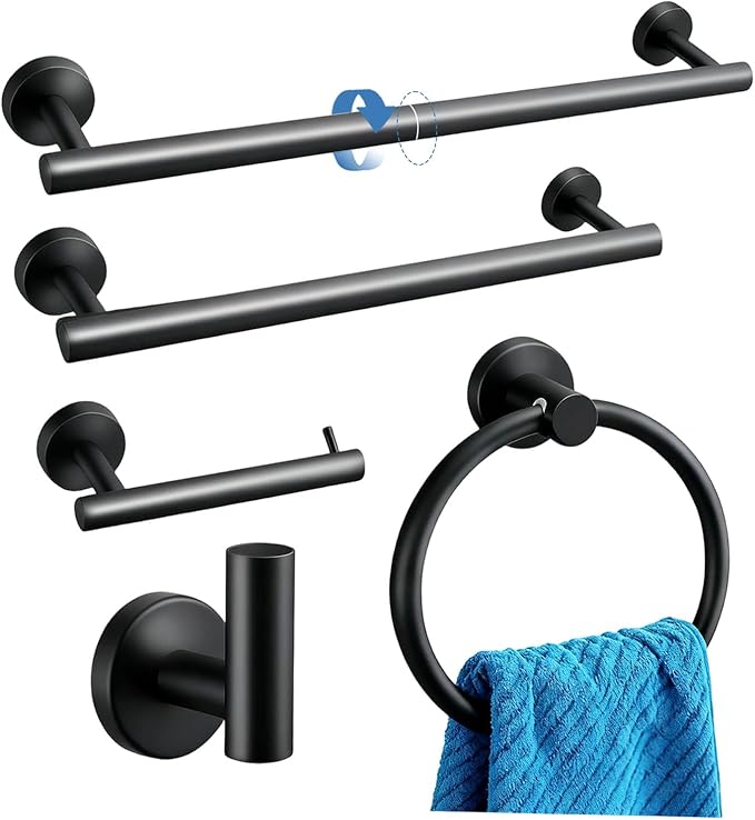 Upgraded Thickened 5-Piece Matte Black Bathroom Hardware Set, 23.6 Inch SUS304 Stainless Steel Towel Bar, Toilet Paper Holder, Modern Black Bathroom Accessories Kit (5 Pack, Black)