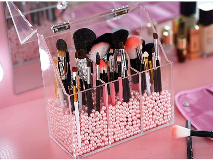 Newslly Clear Acrylic Makeup Organizer with 3 Brush Holder Compartment and Dustproof Lid, Cosmetic Brush Storage Box with White Pearls, for Bathroom Bedroom Vanity Countertop.