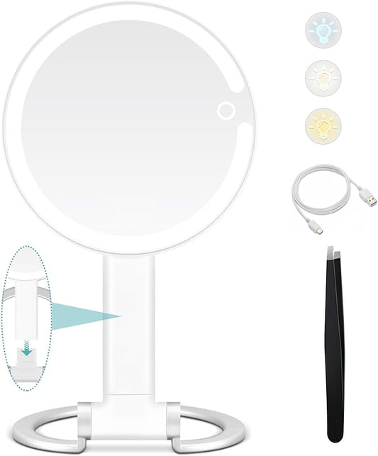 20X/1X Magnifying Mirror with Light, Lighted Makeup Mirror with Magnification, Make Up Mirrors Stand Up Double Sided, Magnified Travel Mirror with Lights, Rechargeable 3 Color Dimmable