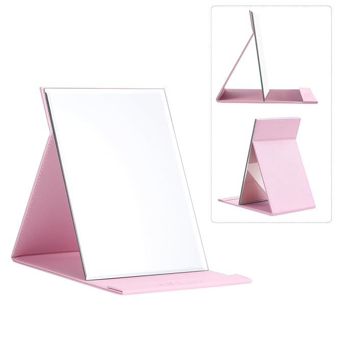 DUcare Folding Mirror Portable Travel PU Portable Adjustable Rectangular Ultrathin Vanity Mirror with Stand Pink