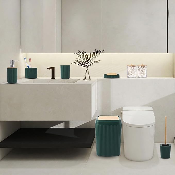 Green Bathroom Accessories Set 8 Pieces Bamboo Bathroom Set with Trash Can, Soap Dispenser, Soap Dish, Toothbrush Holder, Toothbrush Cup, Toilet Brush and Qtip Holders