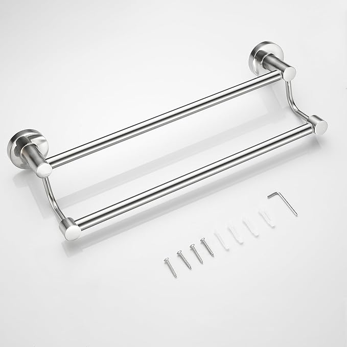 Adjustable Double Towel Racks for Bathroom 15 to 26.5 Inch Towel Bar, Expandable Brushed Nickel Double Bath Towel Holder, Wall Mount with Screws Towel Bar Rod