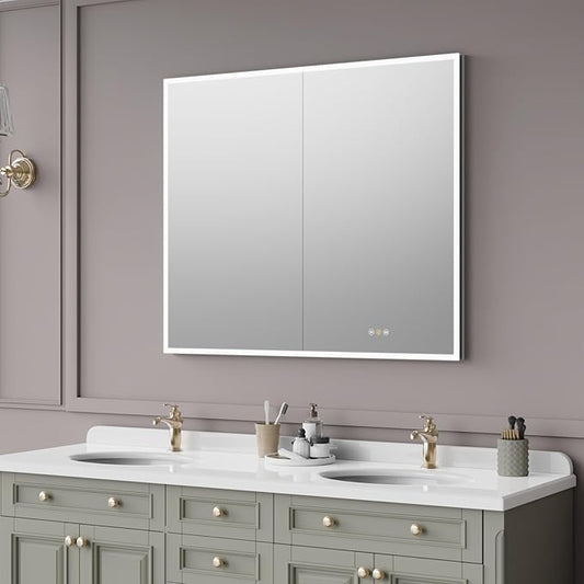 Recessed Medicine Cabinets for Bathroom with Mirror, Only Recessed Medicine Cabinet with Defogger, Dimmer, Outlets & USB, Three Doors, 42"x 36"