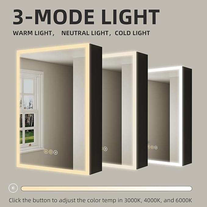Buruis 24 x 30 Inch Medicine Cabinet with LED Lights and Mirror, Recessed/Wall Mounted Bathroom Cabinet, 3-Color Light, Defogger, Memory Function, Outlet & USB, Dimmer, Black