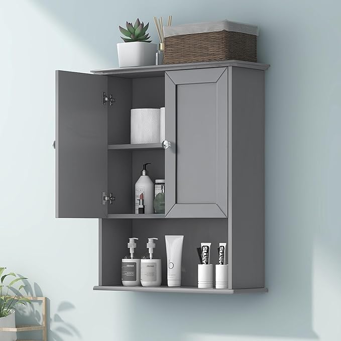 VANIRROR Grey Wall Mounted Bathroom Cabinet 24x30 Inch Wooden Over Toilet Storage Cabinet with 2 Doors, Above Toilet Medicine Cabinets for Bathroom Laundry Room Bedroom Kitchen