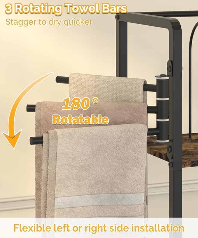 Mondazie Free Standing Towel Racks for Bathroom with 3 Rotating Bars, 3-Tier Floor Towels Holder Stand with Detachable Dividers, Pool Towel Storage Organizer with 8 S-Hooks for Home, Poolside, Black