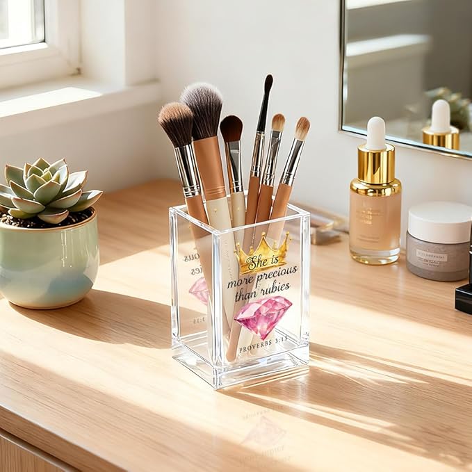 She Is More Precious Than Rubies Acrylic Cosmetic Holder, Crown Clear Makeup Brush Holder, Ideal for Bathroom Jewelry Accessories Holding, Christian Bible Verses Gifts for Women Girlfriend Her