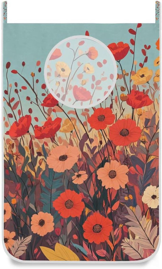 Autumn Poppy Flowers Door Hanging Laundry Hamper Bag with Free Adjustable Stainless Steel Hooks Dirty Clothes Hamper Extra Large Over the Door Laundry Hamper 29.5X20inch 2Pack