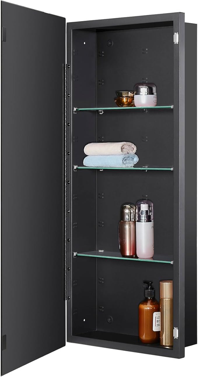 IDYLLOR Black Bathroom Medicine Cabinet with Beveled Edge Mirrored Door 16 x 36 inch, Recessed or Surface Mount, with Adjustable Glass Shelves