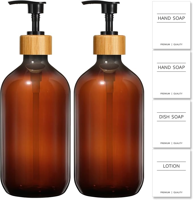 KASUNTING Amber Soap Dispenser Plastic, Brown Dish Soap Dispenser with Bamboo Pump for Kitchen,17 Fl Oz Hand and Dish Dispenser Set for Bathroom, Farmhouse Liquid Soap and Lotion Dispensers Bottle