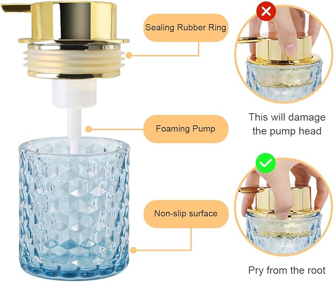 Bathroom Accessories Set 2pcs Glass Foaming Soap Dispenser and Toothbrush Holder for Bathroom Countertop, Blue Glass Bathroom Assessory Set with Gold Decor