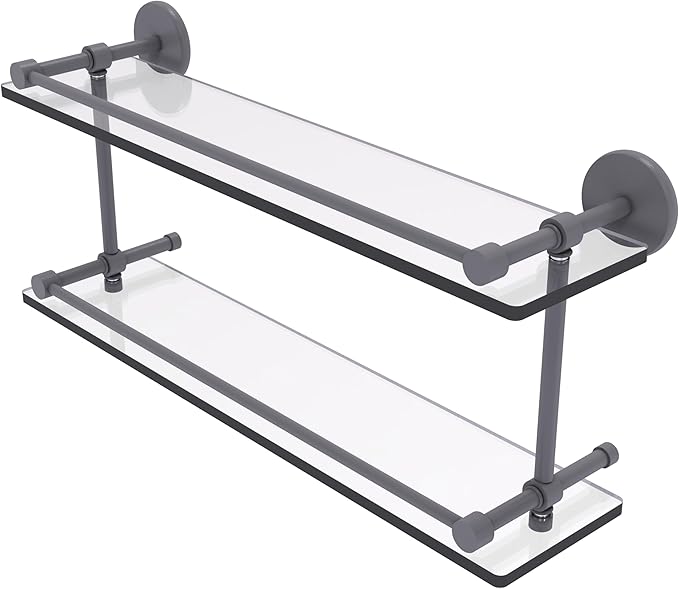 Allied Brass P1000-2/22-GAL-GYM 22 Inch Tempered Double Glass Gallery Rail Shelf, Matte Gray