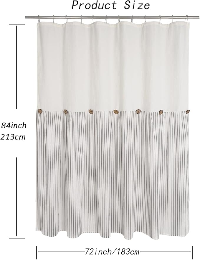 Farmhouse Shower Curtain,Beige and Gray Striped,Button Curtain,Spa Waffle and Cotton Woven Fabric,Rustic Charm Country Chic Style,72x84 in