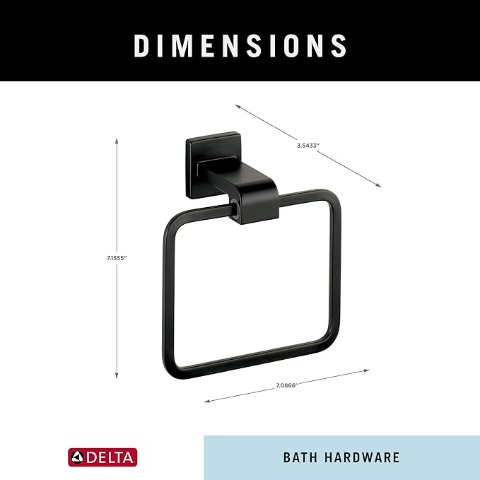 Delta Ara (1-Pack) Hand Towel Holder Matte Black Towel Racks for Bathroom Wall Square Towel Ring Holder for Bath Towel Hanger for Kitchen, Bathroom Accessories 77546-BL
