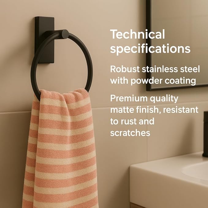 Matte Black Adhesive Towel Ring, No Drill Bathroom Towel Holder, Wall Mounted, Free Adhesive Included