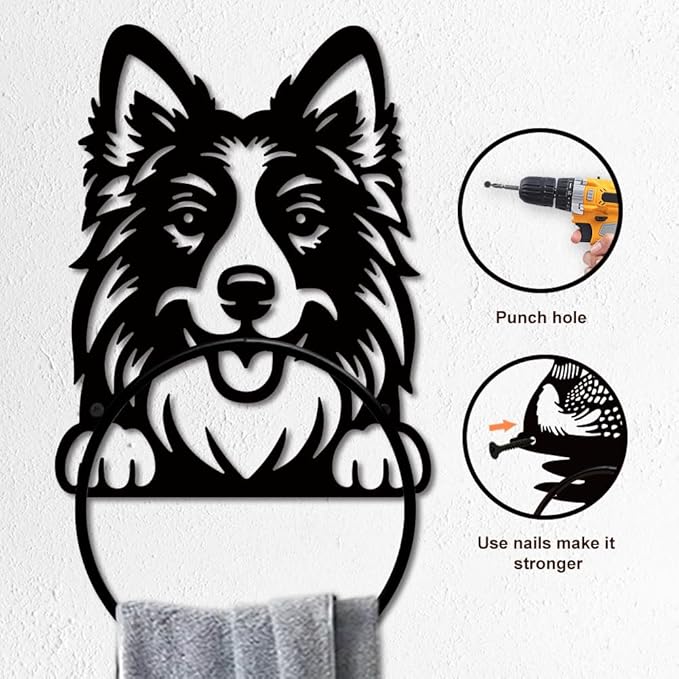 MAYJOYDIY Dog Metal Towel Ring Cute Shepherd Dog Towel Holder Wall Mounted Animal Theme Bath Towel Ring Black Art Towel Rack for Bathroom Kitchen Towel Hanger Home Decors Gift