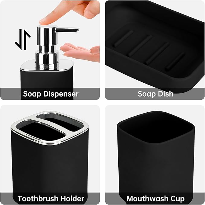 4 Piece Bathroom Accessories Set, Black Boho Bathroom Decor, Bathroom Sets Complete, Soap Dispenser, Toothbrush Holder, Mousewash Cup and Soap Dish, Bathroom Sink Set for Modern Home Decor