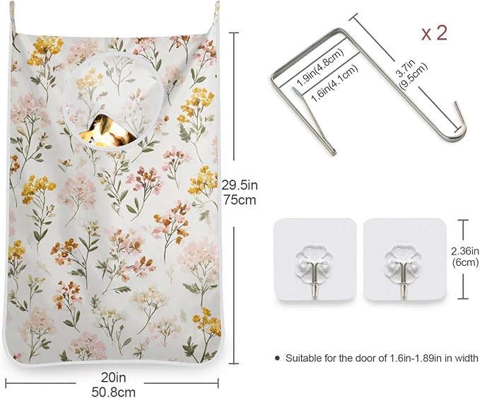Hanging Laundry Hamper Bag Over the Door Laundry Hamper Wall Hamper with Stainless Steel Hooks for Dirty Clothes and Saving Space Large Size 29.5X20inch 1PCs Yellow Floral