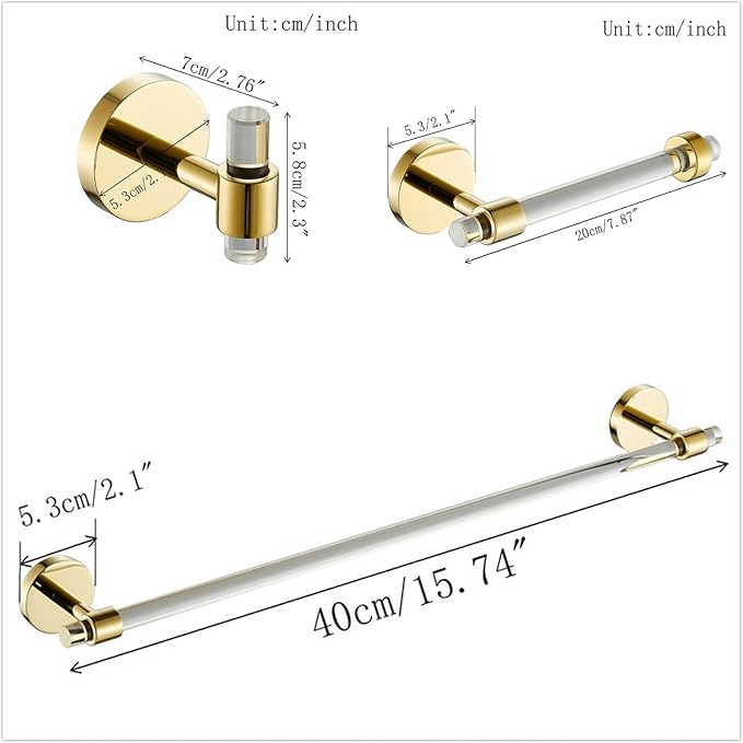 3 Pieces Bathroom Accessories Hardware Set Wall Mounted,Towel Rack 16 inches+Toilet Paper Holder+Hook,Acrylic and Brass,Gold Towel Bar Set SHUNLI