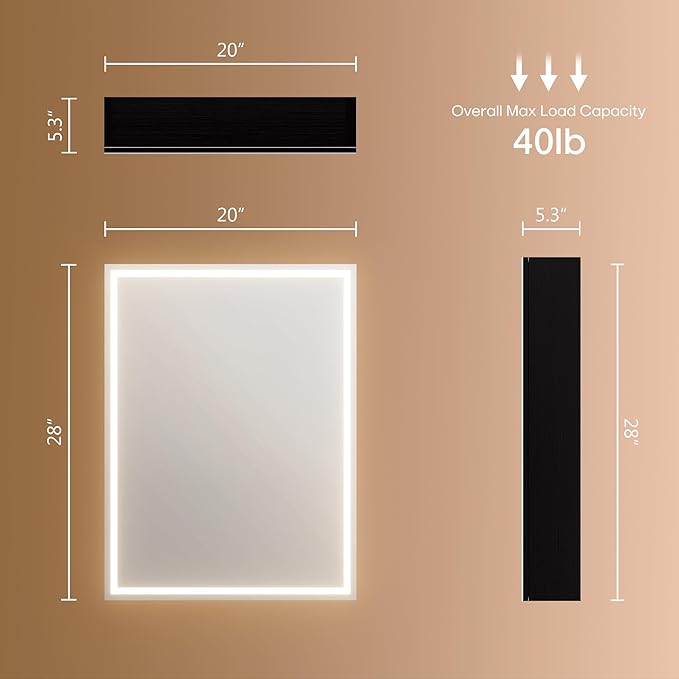 28x20inch LED Medicine Cabinet Lighted Bathroom Mirror, Defogger, Stepless Dimmable, 3000K/5500K Color Temperature Wall Mounted Makeup Mirror, Adjustable Shelf (Assembly Required), Black