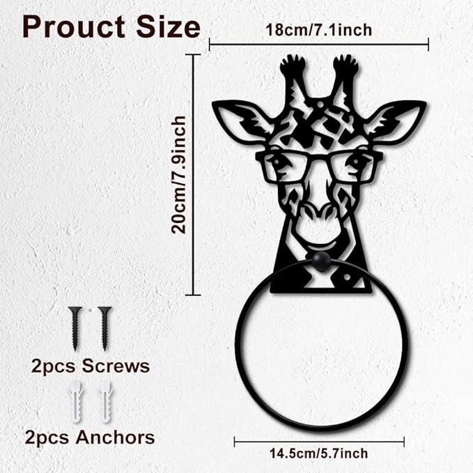 MAYJOYDIY Giraffe Metal Towel Ring Round Eyeglasses Giraffe Hand Towel Holder Ring Hanger Black Vintage Towels Wall Organizer for Kitchen Bath Home Laundry Room Decors Gifts