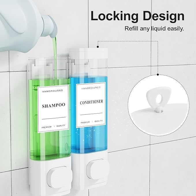 Shampoo and Conditioner Dispenser – Wall-Mounted Shower Soap Dispenser, No-Drill Installation, Lockable, 900 ml Capacity,for Bathroom & Hotel or Airbnb (White, 2-Pack)