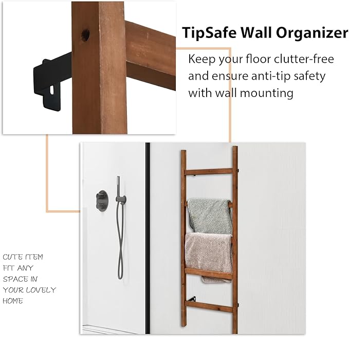 FUIN Wall Mounted 57in Wooden Blanket Ladder Living Room Decorative Farmhouse Quilt Display Holder Rustic Wood Towel Rack for Bathroom, Brown
