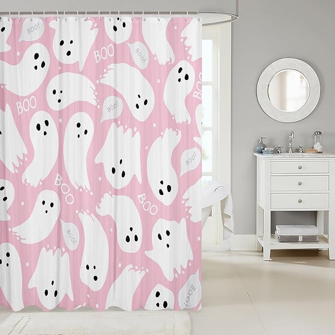 Feelyou Pink Halloween Bath Curtain 72"x72" Cartoon Pink Ghost Shower Curtain for Kids Kawaii Cute Bathroom Shower Curtain Set Polyester Kids Bathroom Accessories