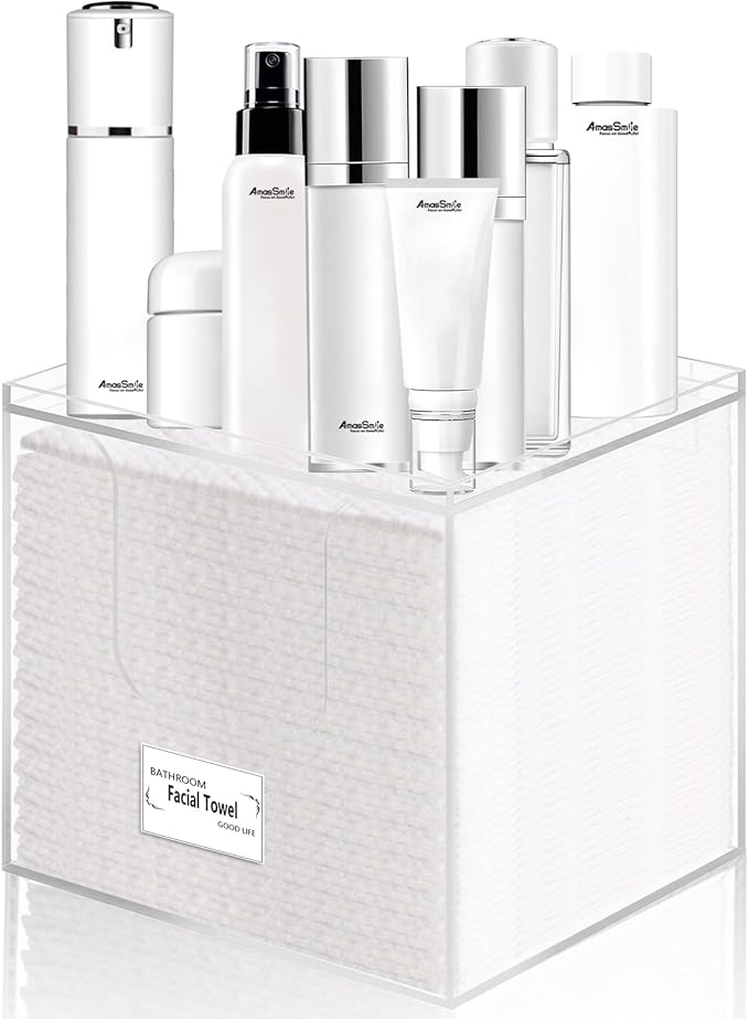 Facial Towel Holder – Disposable Face Towel Acrylic Storage Box for Bathroom, Clean Skin Club Box with Non-Slip Pads, Holds XL Clean Towels (Excluding Facial Towels) (Ready to use)