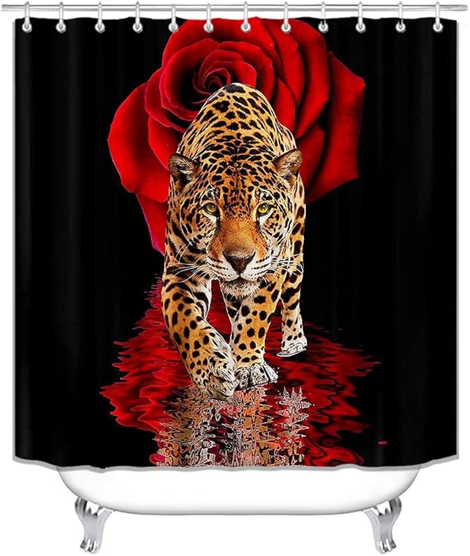jieprom 4PCS Red Rose and Leopard Shower Curtain Set with Rugs, Toilet Lid Cover and Bath Mat, Animal Shower Curtain with 12 Hooks, Complete Bathroom Decor Set