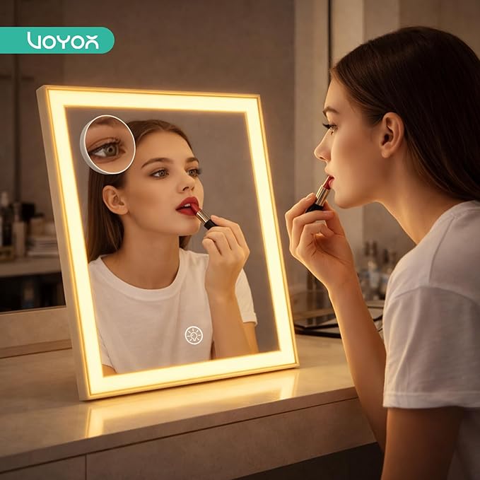 VOYOR Vanity Mirror with Lights, 11.8"x9.8" LED Makeup Mirror, 3 Light Modes, 10X Magnification, Smart Touch Control, Rechargeable Lighted Makeup Mirror for Bedroom Bathroom Dressing Room