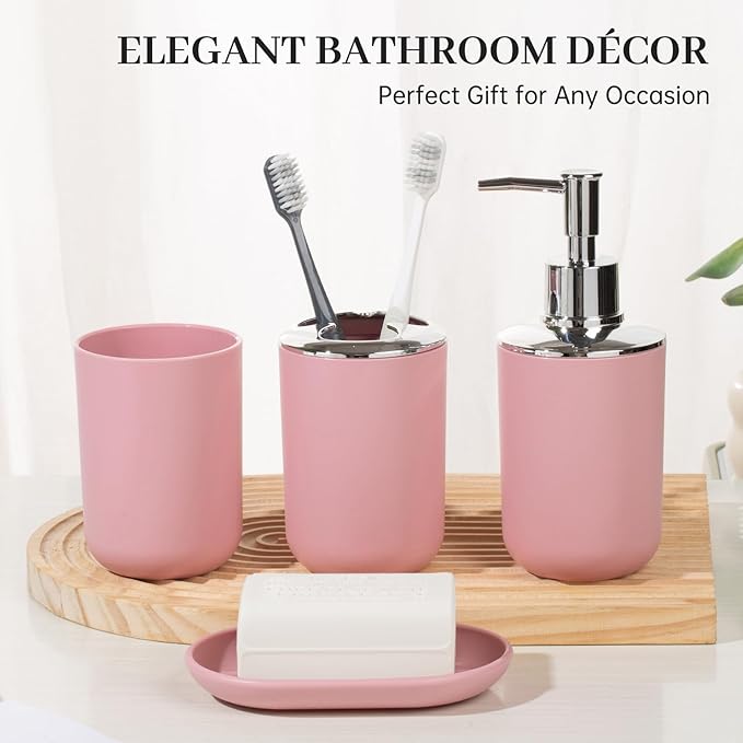 Bathroom Accessory Set, 4 Pcs Plastic Bathroom Set Include Soap Dispenser, Soap Dish, Toothbrush Holder, Mousewash Cup, Modern Bahtroom D??cor Set, Space Save for Bathroom(Light Pink)