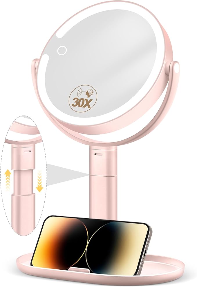 MOMOKUBA Makeup Mirror with Lights, 30X Magnifying & Height Adjustable, Lighted Magnifying Mirror with 3 Light Modes and Stepless Dimming, Vanity Mirrors for Bathroom, Birthday Gift for Women, Pink