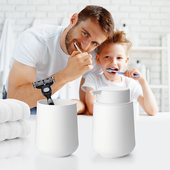 Matte White Bathroom Accessories Set Plastic Foaming Hand Soap Dispenser and Toothbrush Holders 2 Piece