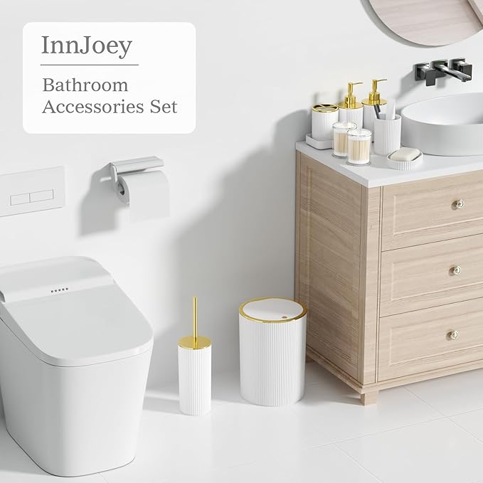 White and Gold Bathroom Accessories Set - Bathroom Sets, 25PC Bath Accessory Set, Bathroom Sets with Push Top Trash Can, Shower Curtain and Rugs, Toilet Brush, Trash Can & Soap Dispenser