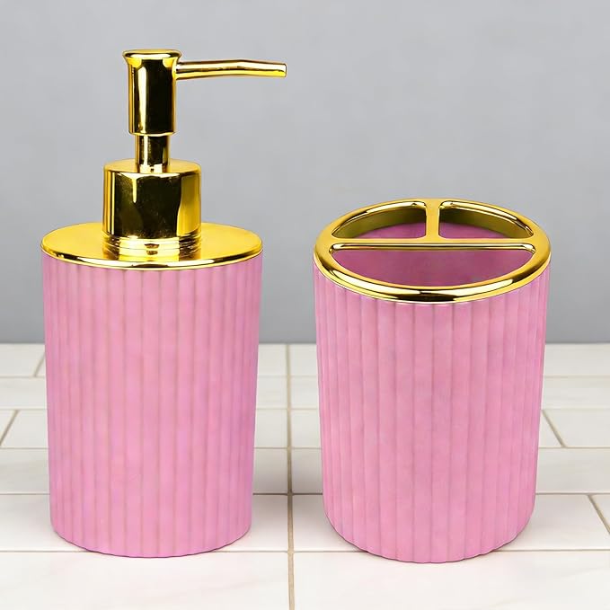 Bathroom Accessories Set, 2-Piece Pink & Gold Soap Dispenser & Toothbrush Holder, Modern ABS Vanity Organizer for Countertop, Minimalist Bathroom Decor