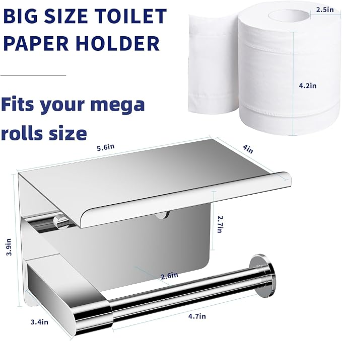 GLNLQ Chrome Toilet Paper Holder Wall Mount, Fits Mega Rolls Size Sliver Toilet Paper Holder with Shelf, Rustproof Stainless Steel Toilet Roll Holder, Self Adhesive Toilet Paper Holders Chrome