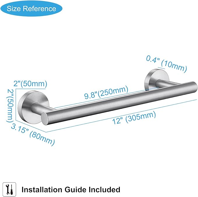 TASTOS 12 Inch Single Towel Bar Rack, Brushed Nickel, SUS 304 Stainless Steel Round Bathroom Towel Bar, Heavy Duty Towel Holder, Kitchen Towel Rod, Wall Mount with Screws