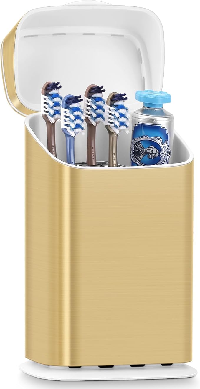GFWARE Toothbrush Holder with Cover - 5 Slots Toothbrush Holders for bathrooms, Detachable Bathroom Caddy Organizers and Storage Kids Tooth Brush and Toothpaste Holde, Gold