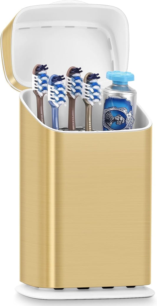 GFWARE Toothbrush Holder with Cover - 5 Slots Toothbrush Holders for bathrooms, Detachable Bathroom Caddy Organizers and Storage Kids Tooth Brush and Toothpaste Holde, Gold