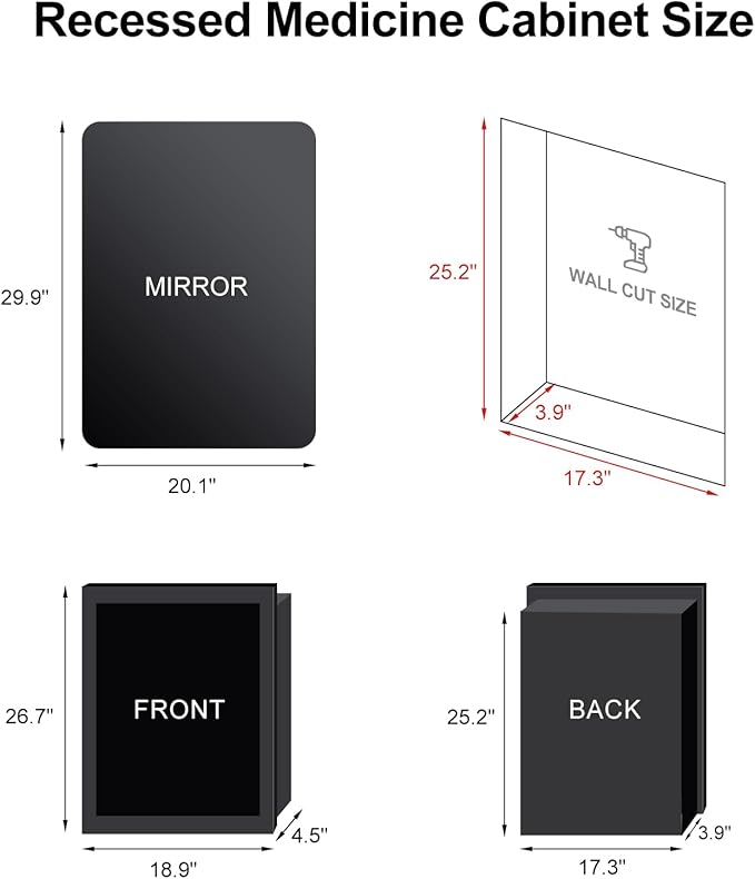 Recessed Medicine Cabinet for Bathroom Medicine Cabinets with Mirror,3-Color Backlight Lighted Medicine Cabinet with Lights,Black Mirrored Medicine Cabinets Wall Mounted 20x30