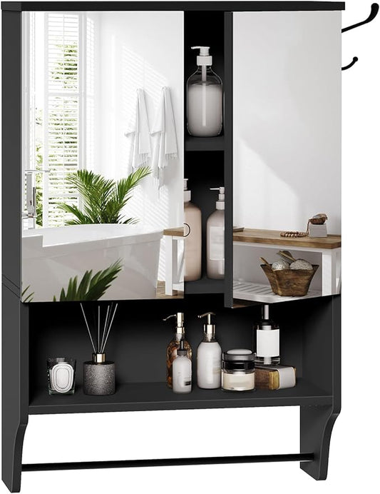 MAHANCRIS Bathroom Wall Cabinet with Mirror, Medicine Cabinet with 2 Door and Adjustable Shelf, Wall Mounted Over The Toilet Storage Cabinet for Bathroom Laundry Room Kitchen, 18.9"W x 26.2"H, Black