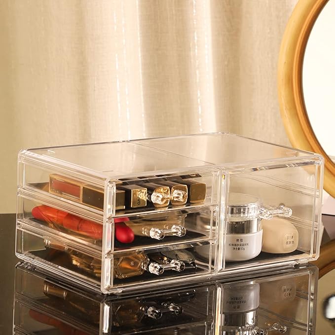 Cq acrylic Clear Stackable Storage Bins,Plastic Medicine Storage Organizer and Small Drawer Organizer with 4 Drawers for Make up,Skincare Produc,Craft,Beauty and Desktop Drawers Organizer Storage