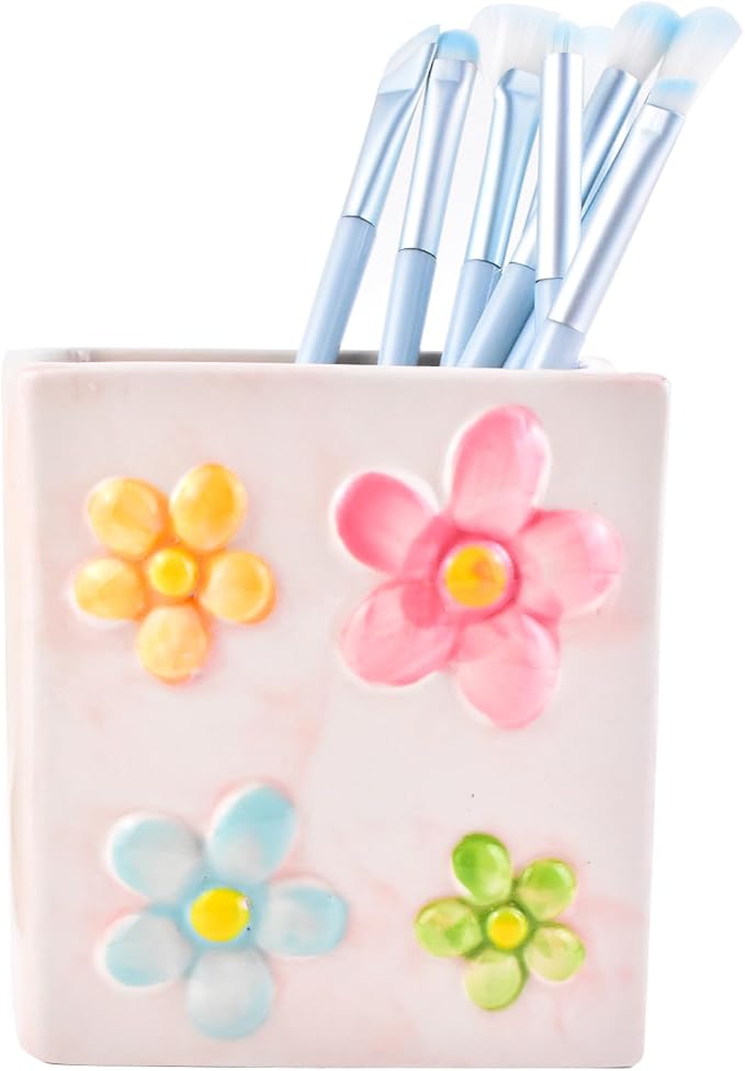 Ceramic Book Shaped Flower Pattern Cosmetic Storage Box, Desktop Organizers Make Up Brush Storage Stand Desktop Storage Box for Brush, Painting Brush (Pink)