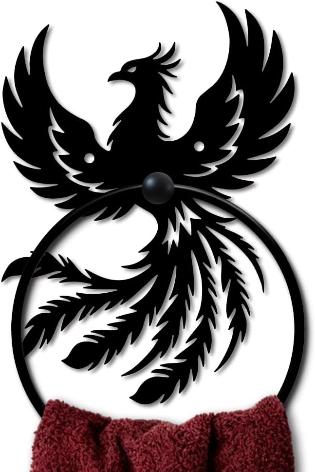 MAYJOYDIY Phoenix Metal Towel Ring Round Animal Hand Towel Holder Ring Hanger Wall Mount Black Vintage Towels Wall Organizer for Kitchen Bath Home Laundry Room Decors Gifts