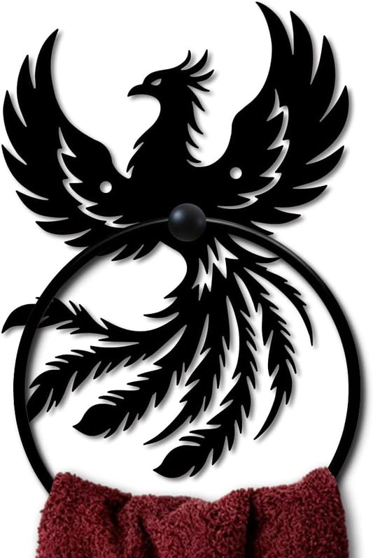 MAYJOYDIY Phoenix Metal Towel Ring Round Animal Hand Towel Holder Ring Hanger Wall Mount Black Vintage Towels Wall Organizer for Kitchen Bath Home Laundry Room Decors Gifts