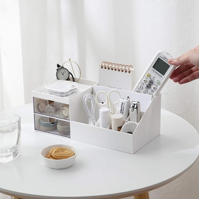 Marknor Cosmetic/Makeup Vanity Organizer Box, Mini Desk Storage for Office Supplies, Bathroom Counter or Dresser, White
